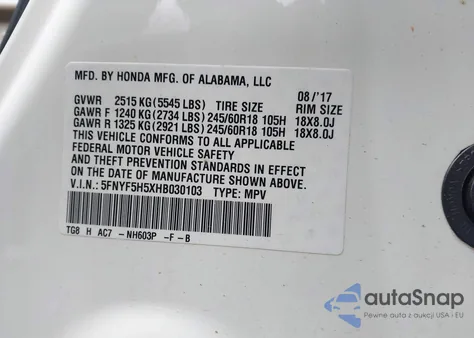 2017 Honda Pilot Ex-L from USA, damaged, VIN 5FNYF5H5XHB030103